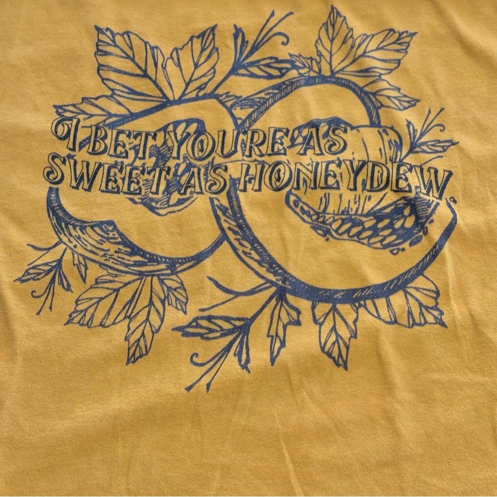 Oversized Mustard Yellow “Sweet as Honeydew” Graphic Crop Top L Short Sleeves - Picture 4 of 7
